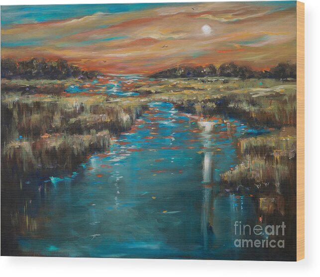 Southern Landscape Wood Print featuring the painting Waterway Sunset by Linda Olsen