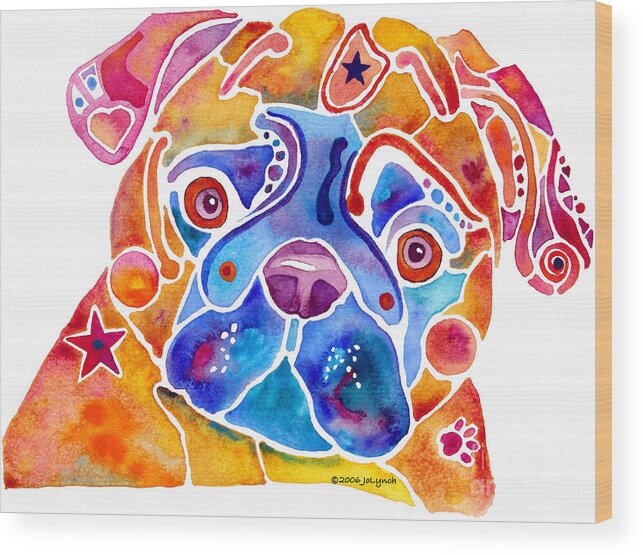 Pug Wood Print featuring the painting Whimsical Pug Dog by Jo Lynch