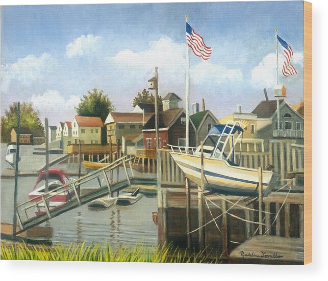 Queens Wood Print featuring the painting White Boat with Flags in Broad Channel by Madeline Lovallo