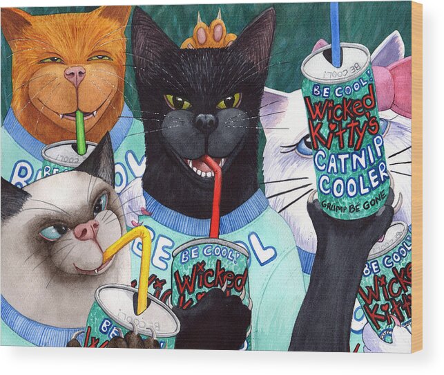 Catnip Wood Print featuring the painting Wicked Kitty's Catnip Cooler by Catherine G McElroy