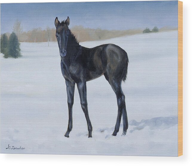 Horse Wood Print featuring the painting Winter Baby by Linda Tenukas