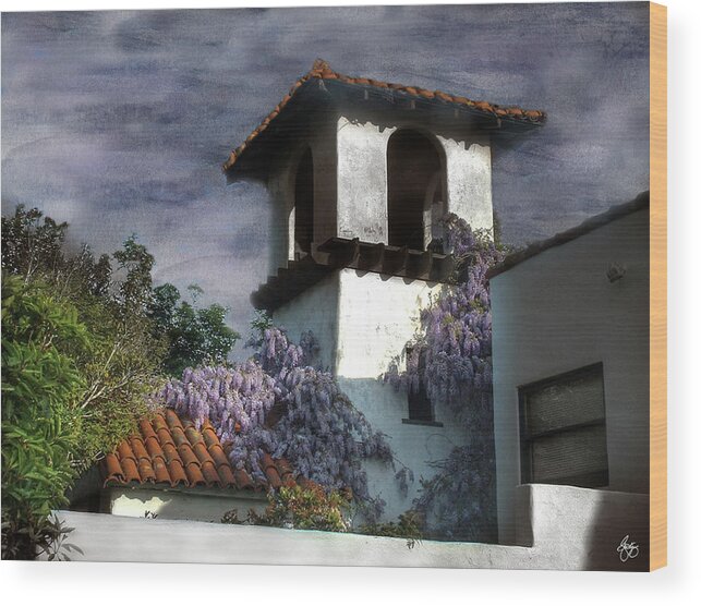 Stucco Wood Print featuring the photograph Wisteria on a Spanish Tower by Wayne King