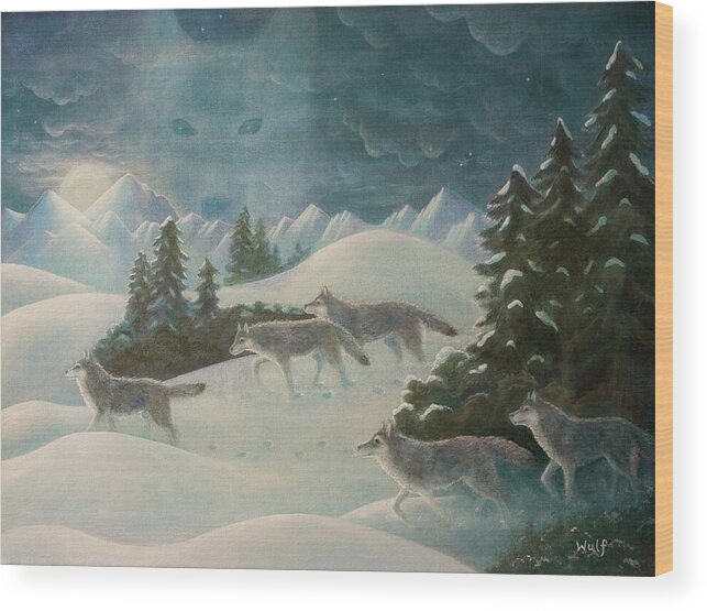 Wolf Pack Wood Print featuring the painting WolfSpirit by Bernadette Wulf