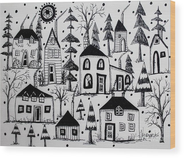Houses Drawing Wood Print featuring the drawing Woodsy Village by Karla Gerard