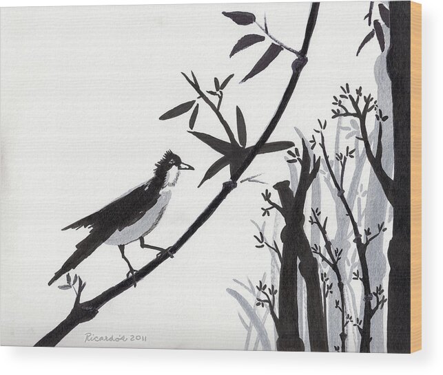 Abstract Wood Print featuring the drawing Zen Sumi Bird 1a Black Ink on Watercolor Paper by Ricardos by Ricardos Creations