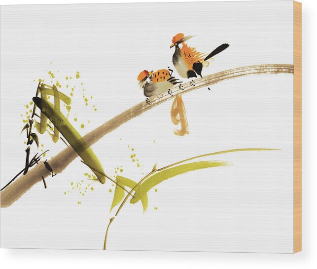 Chinese Culture Wood Print featuring the digital art Birds #1 by Vii-photo