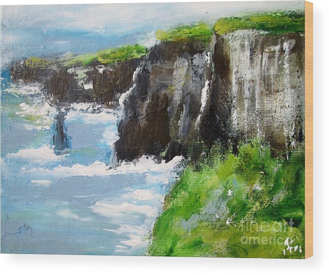 Cliffs Of Moher County Clare Ireland Wood Print featuring the painting Cliffs of moher painting ireland #1 by Mary Cahalan Lee - aka PIXI
