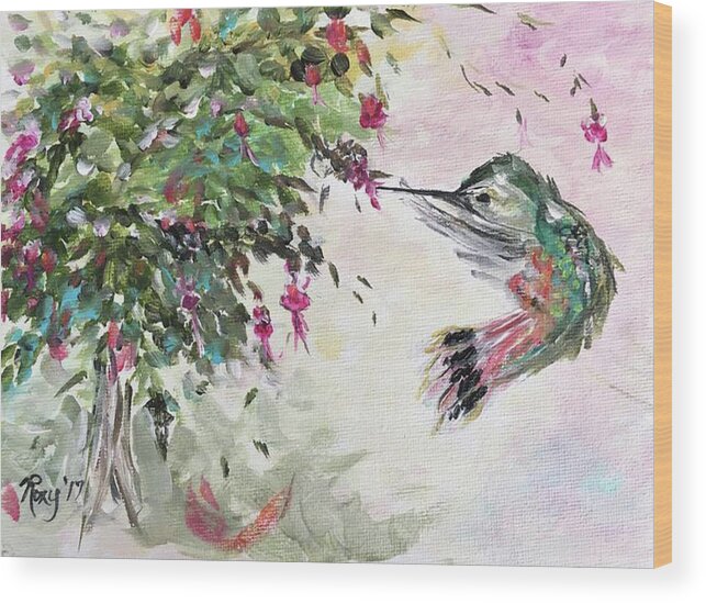 Hummingbird Wood Print featuring the painting Hummingbird with Fuchsias by Roxy Rich