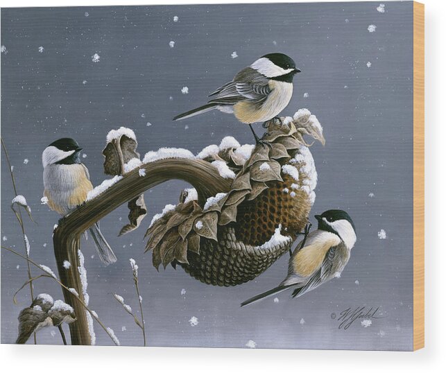 Three Black Capped Chickadees Eating From A Sunflower Wood Print featuring the painting Winter Trio #1 by Wilhelm Goebel