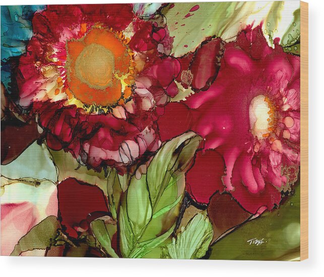 Floral Wood Print featuring the painting Crimson Couple by Julie Tibus