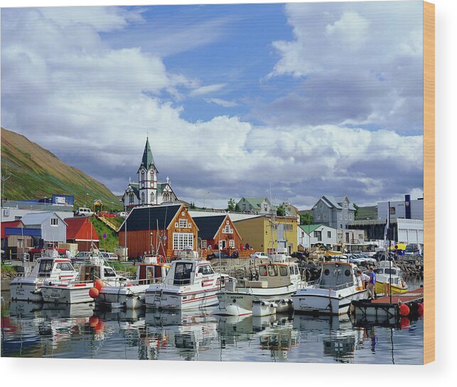 The Harbour And Quay Of Husavik Wood Print featuring the photograph 586-1293 by Robert Harding Picture Library