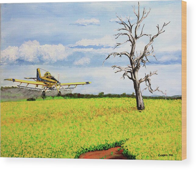 Aircraft Wood Print featuring the painting Air Tractor Spraying Canola Fields by Karl Wagner
