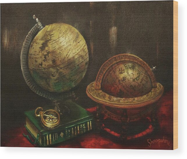Explorers’ Club Wood Print featuring the painting Armchair Traveler by Tom Shropshire