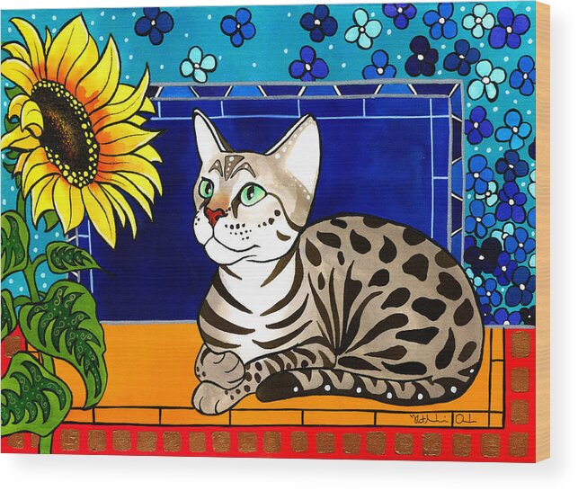 Beauty In Bloom Wood Print featuring the painting Beauty in Bloom - Savannah Cat Painting by Dora Hathazi Mendes