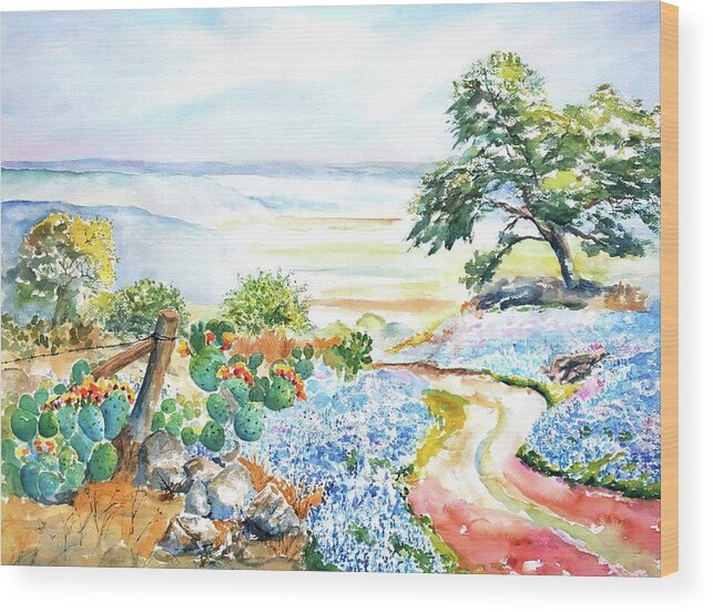 Texas Wood Print featuring the painting Bluebonnets - Texas Hill Country in Spring by Carlin Blahnik CarlinArtWatercolor