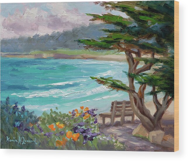 Carmel Beach Wood Print featuring the painting Carmel Beach View by Karin Leonard