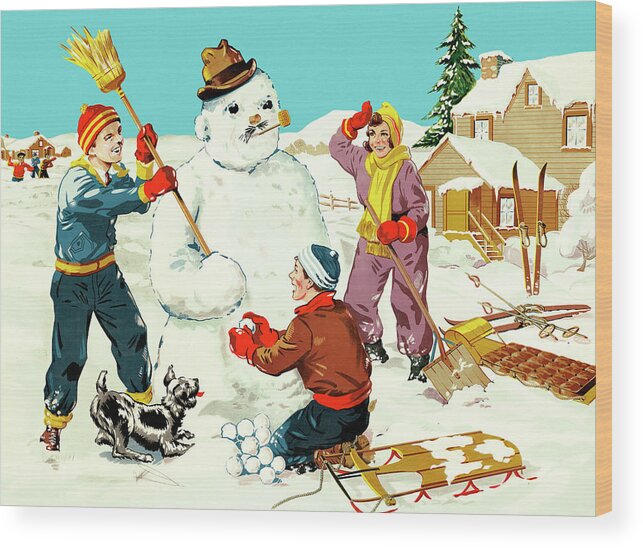 Activity Wood Print featuring the drawing Children Making a Snowman by CSA Images