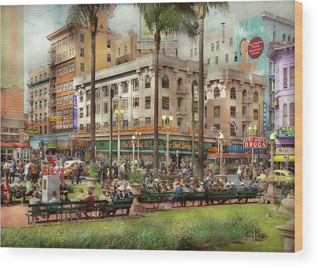 California Wood Print featuring the photograph City - San Diego CA - A busy street corner 1941 by Mike Savad