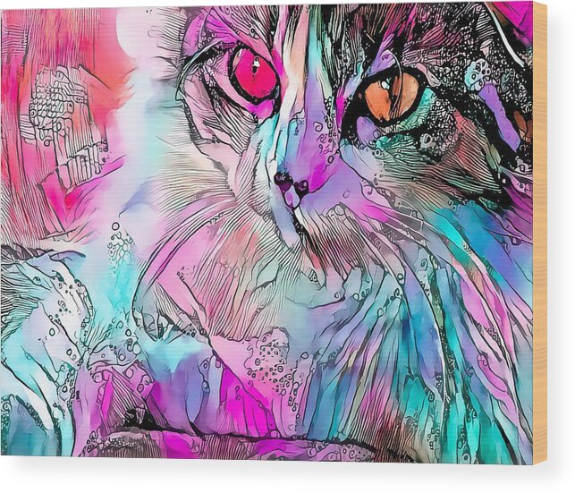Watercolor Wood Print featuring the digital art Colorful Content Cat Wild Eyes by Don Northup