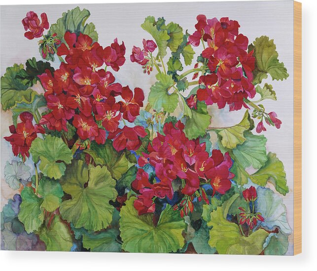 Red Geraniums. Wood Print featuring the painting Deep Red Geraniums by Joanne Porter