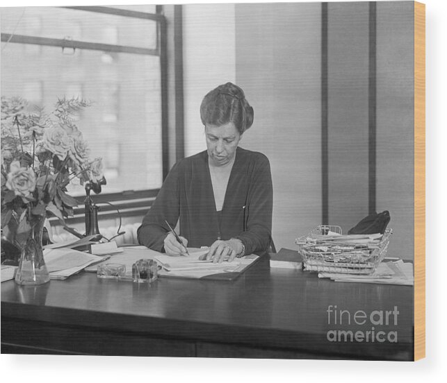 Material Wood Print featuring the photograph Eleanor Roosevelt Writing At Desk by Bettmann