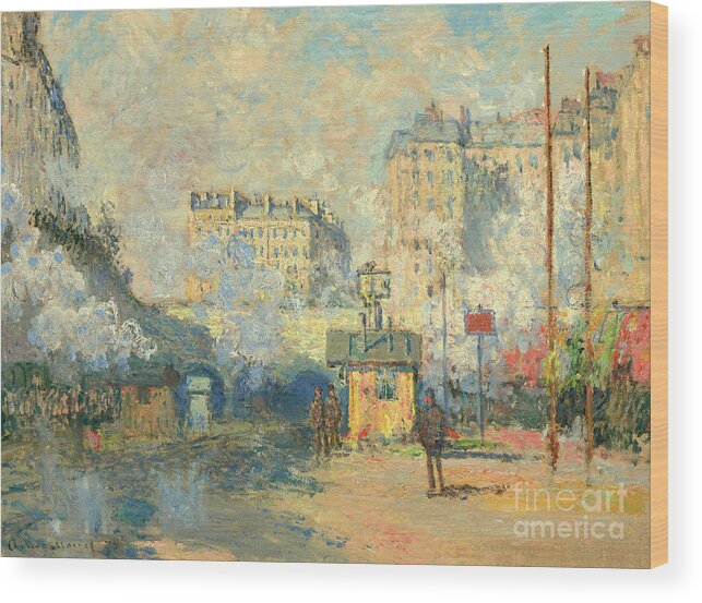 Monet Wood Print featuring the painting Exterior of Saint Lazare station, sunlight effect, 1877 by Claude Monet