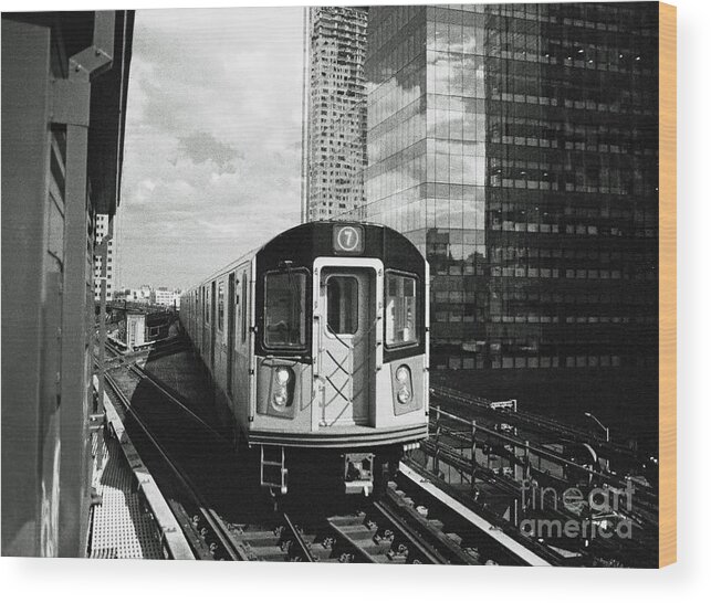 Black And White Wood Print featuring the photograph Filmic N Y C No.7 - 7 Train at Queensboro Plaza by Steve Ember