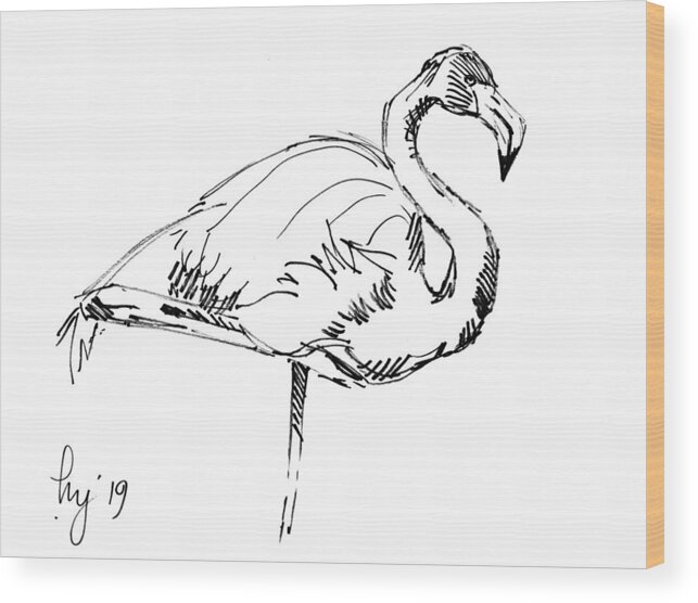Flamingo Wood Print featuring the drawing Flamingo black and white drawing illustration by Mike Jory