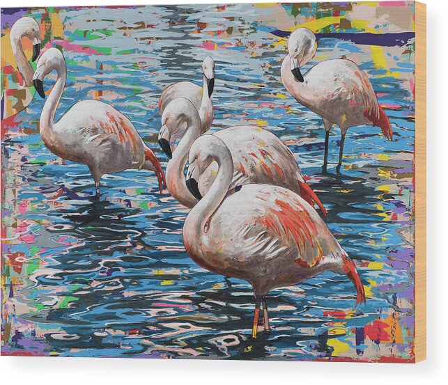 Flamingo Wood Print featuring the painting Flamingos #4 by David Palmer