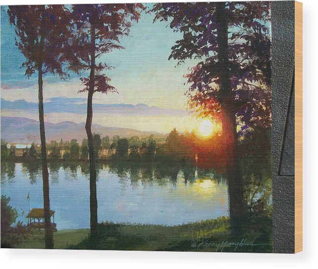 Kenny Youngblood Sunsets Sunset Montana Flathead Lake Wood Print featuring the painting Flathead Sunset by Kenny Youngblood