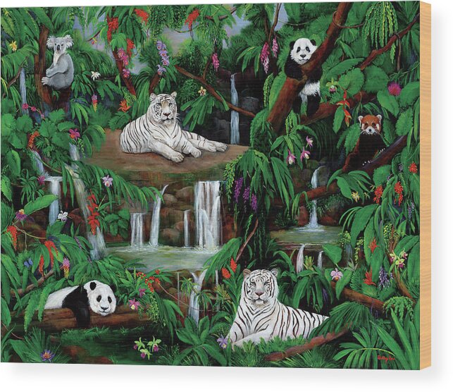 Jungle Wood Print featuring the painting Friends In The Rainforest by Betty Lou