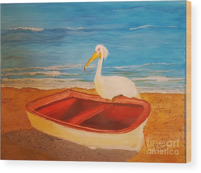 Great Egret Wood Print featuring the painting Great Egret Guarding Fishing Boat by Elizabeth Mauldin