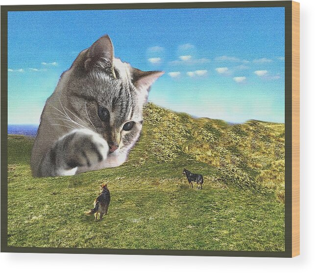Giant Cat Wood Print featuring the mixed media Gulliver's Cat meets Abbie's Dogs by Shelli Fitzpatrick