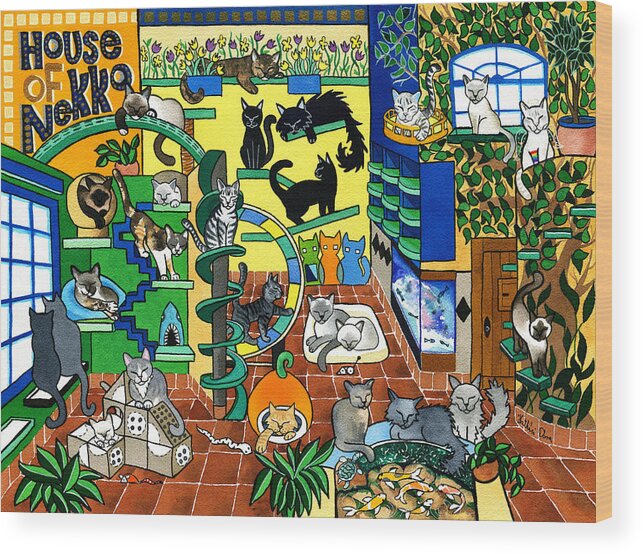 Cat Paintings Wood Print featuring the painting House Of Nekko by Dora Hathazi Mendes