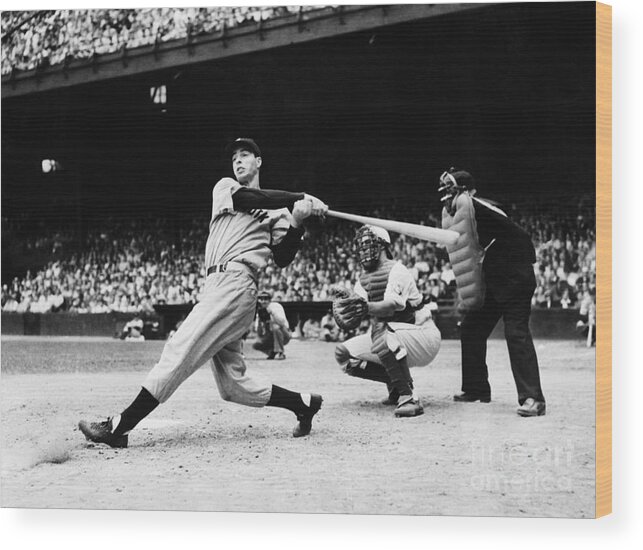 Crowd Of People Wood Print featuring the photograph Joe Dimaggio Hitting A Home Run by Bettmann