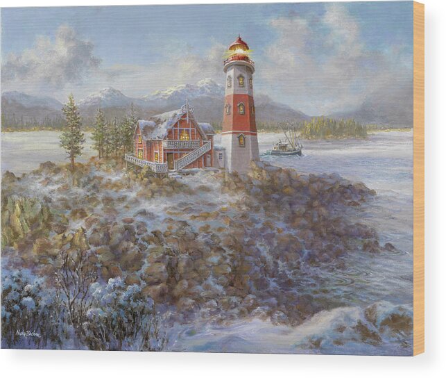 Lighthouse Bluff Wood Print featuring the painting Lighthouse Bluff by Nicky Boehme