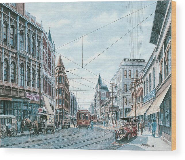 A Street Scene Set In The Early 1900's. N Wood Print featuring the painting Looking South On Spring St., Ca. 1909 by Stanton Manolakas