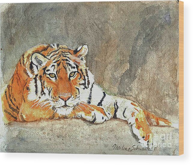 Tiger Wood Print featuring the painting Lord of the Jungle by Marlene Schwartz Massey