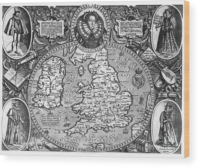 Engraving Wood Print featuring the drawing Map Of England, 16th Century, 1896 by Print Collector