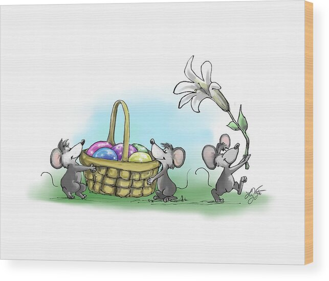 Liz Viztes Wood Print featuring the digital art Mic, Mac and Moe's Happy Easter by Liz Viztes