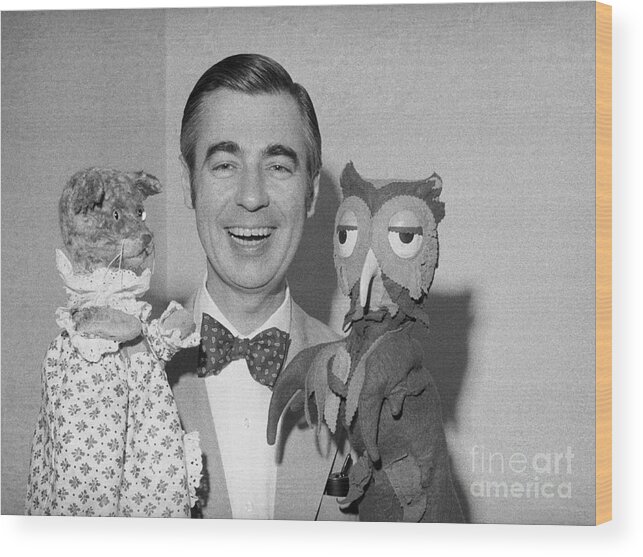 Mature Adult Wood Print featuring the photograph Mister Rogers With Owl And Cat Puppets by Bettmann