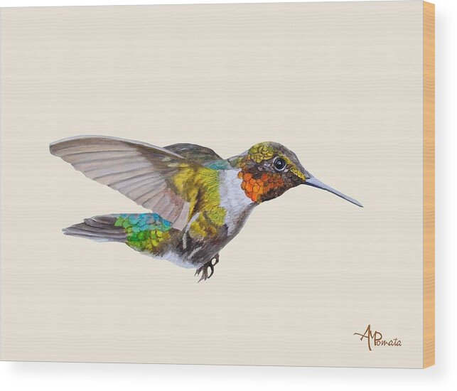 Hummingbird Wood Print featuring the mixed media Motley Flying Hummer I by Angeles M Pomata