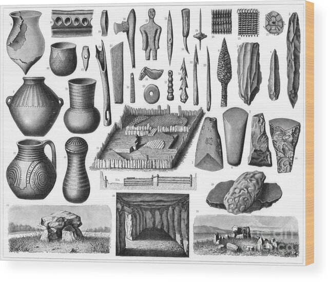 Vase Wood Print featuring the drawing Neolithic Antiquities, 1901 by Print Collector