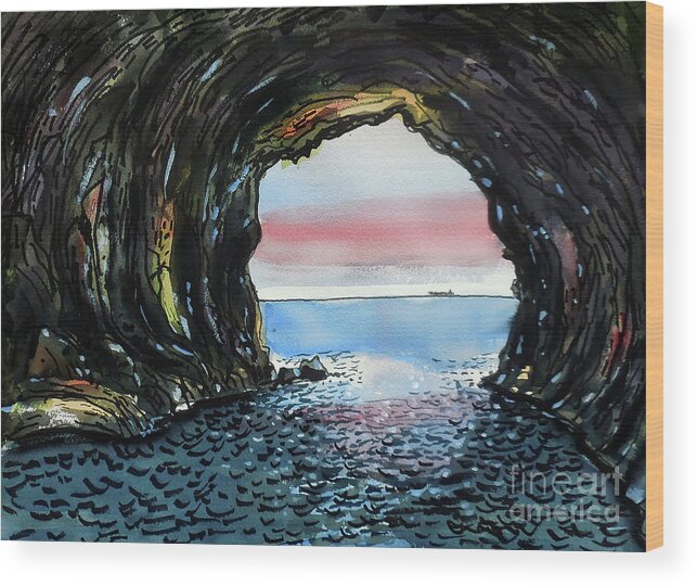 Ocean Wood Print featuring the painting Ocean Cave by Terry Banderas