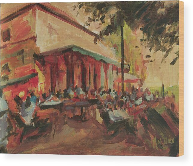 Restaurant Buitengoed Slavante Wood Print featuring the painting On the terrace in Autumn 2011 by Nop Briex