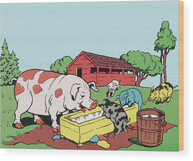 Agriculture Wood Print featuring the drawing Pigs at Trough by CSA Images