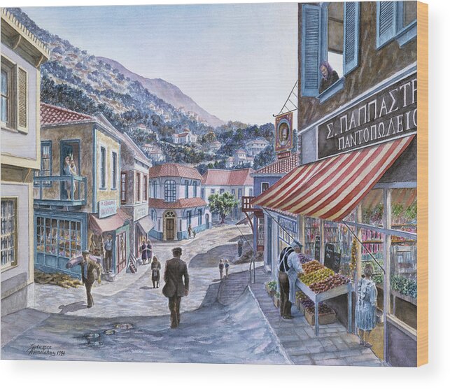 Small Town In Greece Wood Print featuring the painting Pink House On Navarino St. by Stanton Manolakas
