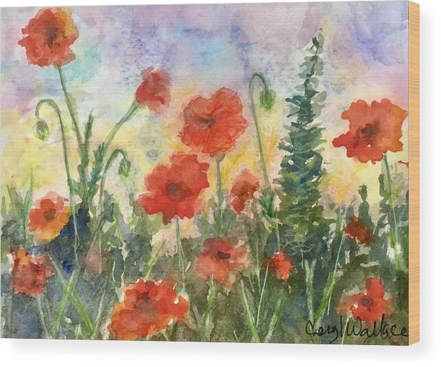 Sunrise Wood Print featuring the painting Poppy Garden by Cheryl Wallace