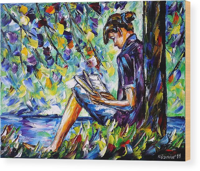 Girl With A Book Wood Print featuring the painting Reading By The River by Mirek Kuzniar