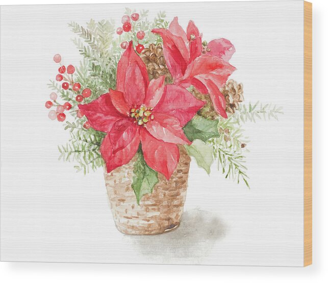 Red Wood Print featuring the mixed media Red Poinsettia Basket by Lanie Loreth